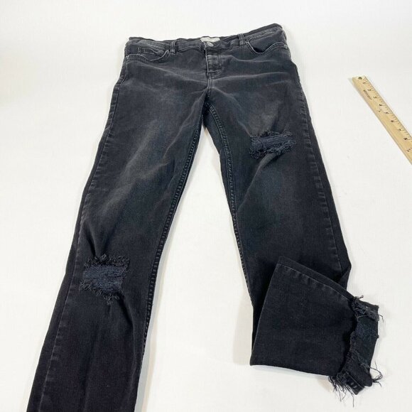 Free People Shark Bite Skinny Jeans Womens 29 Black Mid Rise Distressed Denim - Picture 2 of 10